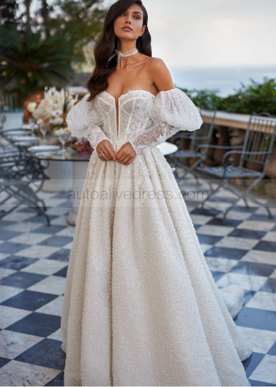 Ivory Glitter Lace Royal Wedding Dress With Removable Sleeves